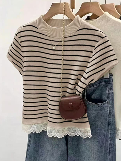 Franclia Women's Summer Beige Striped Knit Top,Lace Patchwork Short Sleeve Pullover Sweater,Casual Chic Korean/French Style,Perfect For Brunch