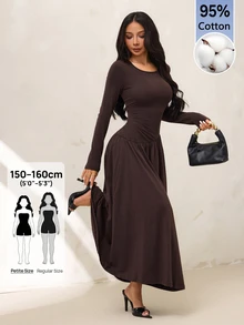 SHEIN PETITE 女款優雅通勤抽褶腰長洋裝 - 咖啡棕 - 查看 1