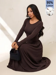 SHEIN PETITE 女款優雅通勤抽褶腰長洋裝 - 咖啡棕 - 查看 9