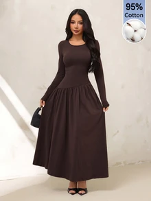 SHEIN PETITE 女款優雅通勤抽褶腰長洋裝 - 咖啡棕 - 查看 7