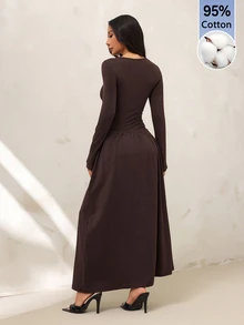 SHEIN PETITE 女款優雅通勤抽褶腰長洋裝 - 咖啡棕 - 查看 2