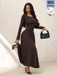 SHEIN PETITE 女款優雅通勤抽褶腰長洋裝 - 咖啡棕 - 查看 4