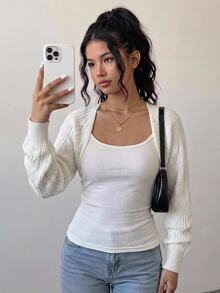 Girlism Kids Teen Girls Cardigans Spring Autumn Winter White Cropped Ribbed Fabric Knit Textured Casual Streetwear Sun Protection Daily Wear Back-To-School - White - View 3