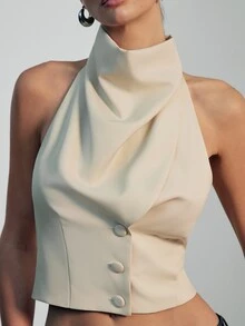 Hauture 女士性感休闲办公室高领露背西装外套最佳上衣 - 杏色 - 查看 4