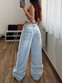 StreetHx Plus Size Women Pocketed Button Fly Casual Versatile Daily Wear Wide Leg Jeans - Blue - View 2