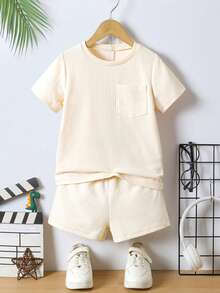 SHEIN Young Boy Solid Color Pocket Short Sleeve T-Shirt And Shorts Casual Set - Apricot - View 3