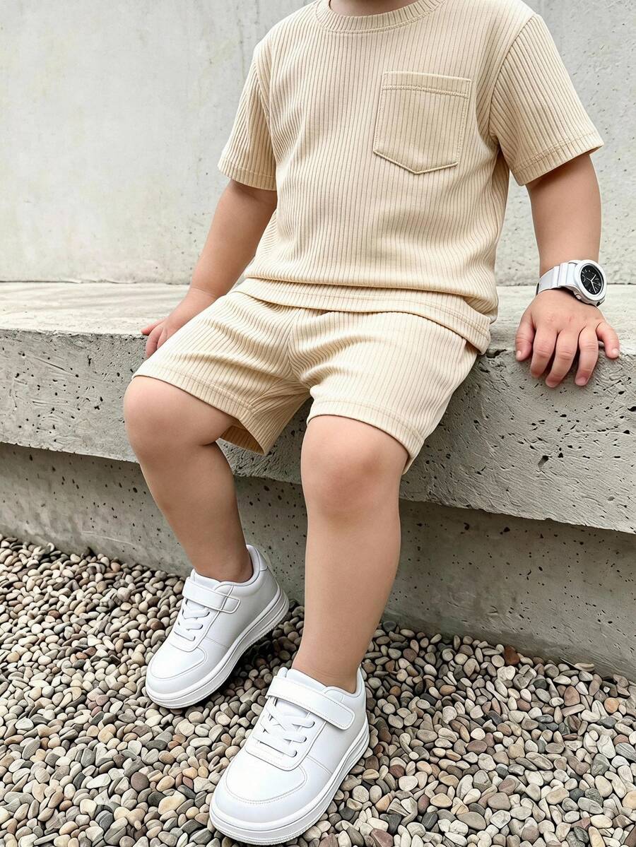 SHEIN Young Boy Solid Color Pocket Short Sleeve T-Shirt And Shorts Casual Set - Apricot - View 1