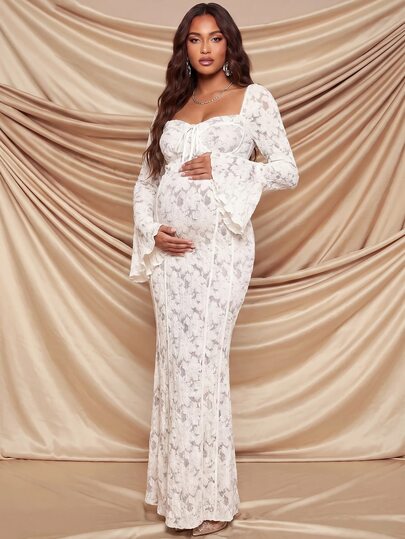 MaterniChic Maternity French Sweet Lace Tie-Up Mermaid Dress Fall