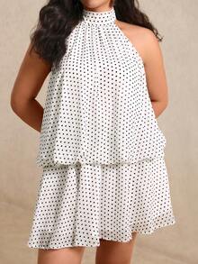 Elenzga Plus Size Women's Woven Regular Fit Summer French Vintage Halter Neck Polka Dot Chiffon Backless Sexy Date Short Apricot Dress - Apricot - View 4