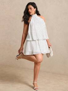 Elenzga Plus Size Women's Woven Regular Fit Summer French Vintage Halter Neck Polka Dot Chiffon Backless Sexy Date Short Apricot Dress - Apricot - View 3