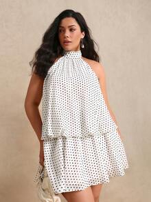 Elenzga Plus Size Women's Woven Regular Fit Summer French Vintage Halter Neck Polka Dot Chiffon Backless Sexy Date Short Apricot Dress - Apricot - View 7