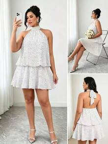 Elenzga Plus Size Women's Woven Regular Fit Summer French Vintage Halter Neck Polka Dot Chiffon Backless Sexy Date Short Apricot Dress - Apricot - View 6