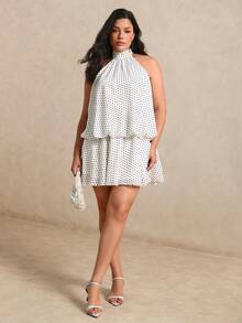 Elenzga Plus Size Women's Woven Regular Fit Summer French Vintage Halter Neck Polka Dot Chiffon Backless Sexy Date Short Apricot Dress - Apricot - View 5