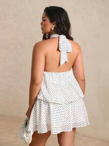 Elenzga Plus Size Women's Woven Regular Fit Summer French Vintage Halter Neck Polka Dot Chiffon Backless Sexy Date Short Apricot Dress - Apricot - View 2