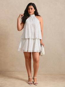 Elenzga Plus Size Women's Woven Regular Fit Summer French Vintage Halter Neck Polka Dot Chiffon Backless Sexy Date Short Apricot Dress - Apricot - View 8