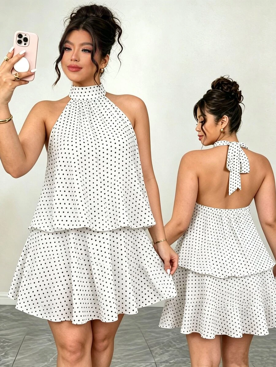 Elenzga Plus Size Women's Woven Regular Fit Summer French Vintage Halter Neck Polka Dot Chiffon Backless Sexy Date Short Apricot Dress - Apricot - View 1