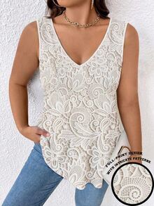 EMERY ROSE Women's Plus Size Vest-Style T-Shirt, Faux Lace Print Pattern T-Shirt, Comfortable And Suitable For Summer Vacation Style. - Multicolor - View 1