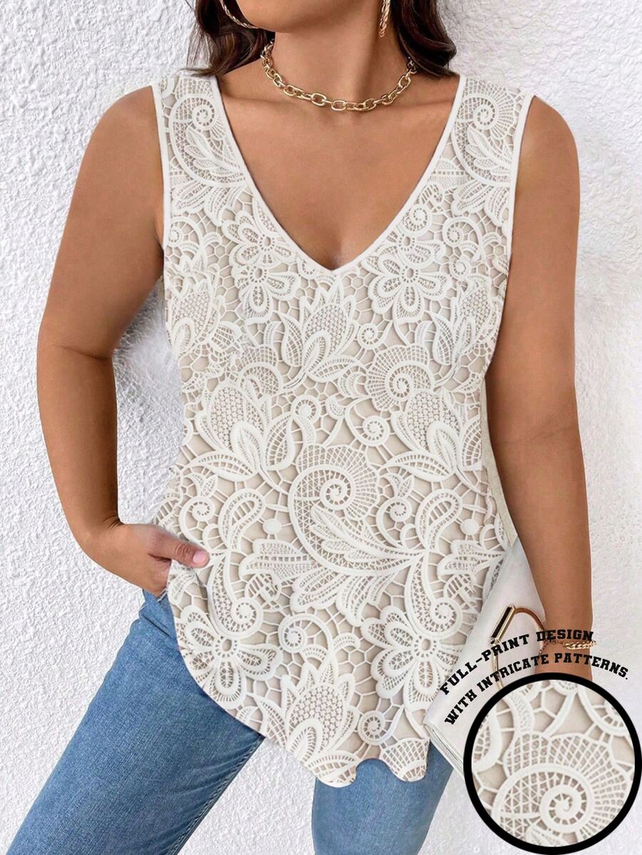 EMERY ROSE Women's Plus Size Vest-Style T-Shirt, Faux Lace Print Pattern T-Shirt, Comfortable And Suitable For Summer Vacation Style. - Multicolor - View 1