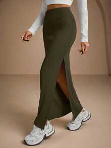 EURMUSE Women Solid Color Slit Detailed Tube Skirt - Army Green - View 4
