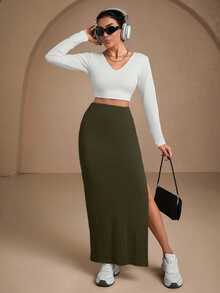 EURMUSE Women Solid Color Slit Detailed Tube Skirt - Army Green - View 3