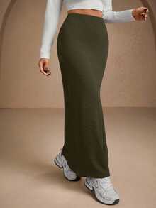 EURMUSE Women Solid Color Slit Detailed Tube Skirt - Army Green - View 5
