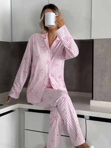 SHEIN PETITE PETITE SIZE Women 2 Pcs Button Front With Striped&Bot Pattern Homewear Cute Pajama Set - Pink - View 4