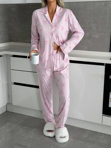 SHEIN PETITE PETITE SIZE Women 2 Pcs Button Front With Striped&Bot Pattern Homewear Cute Pajama Set - Pink - View 5