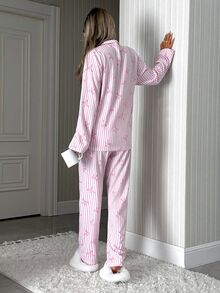 SHEIN PETITE PETITE SIZE Women 2 Pcs Button Front With Striped&Bot Pattern Homewear Cute Pajama Set - Pink - View 2