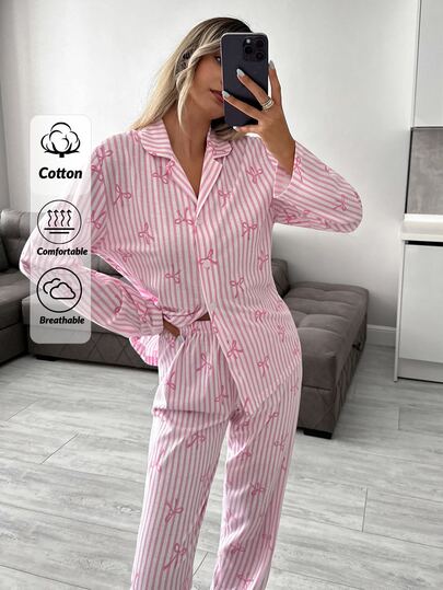 SHEIN PETITE PETITE SIZE Women 2 Pcs Button Front With Striped&Bot Pattern Homewear Cute Pajama Set