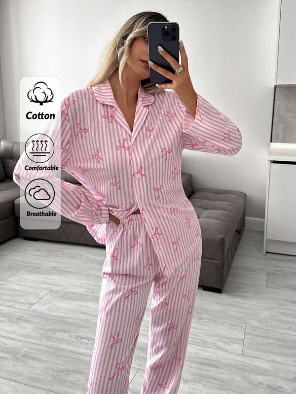 SHEIN PETITE PETITE SIZE Women 2 Pcs Button Front With Striped&Bot Pattern Homewear Cute Pajama Set