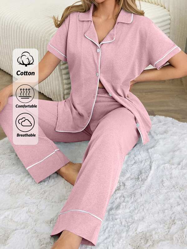 EURMUSE Women Binding Detail Short Sleeved & Long Bottom Homewear Pajama Set