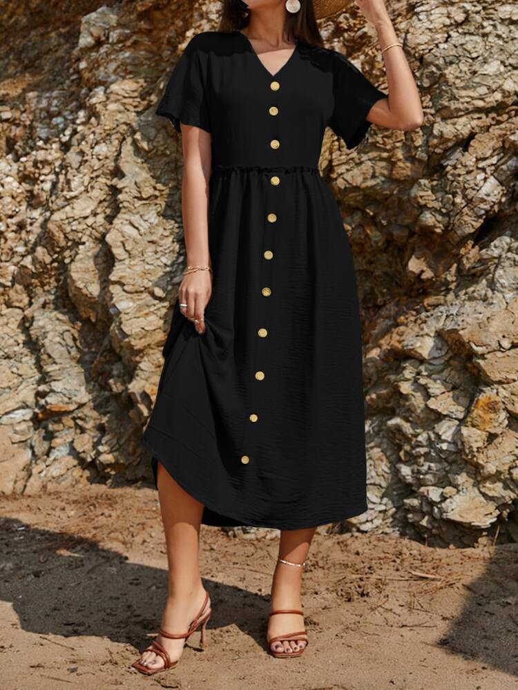EURMUSE Women's Solid Color V-Neck Short Sleeve Single-Breasted Casual Loose Dress - Black - View 5