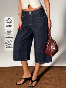 SHEIN Woman's Casual Style Navy Blue Washed Low Waist Bermuda Denim Jean Button Front Everyday Daytime Summer Night - Dark Wash - View 2