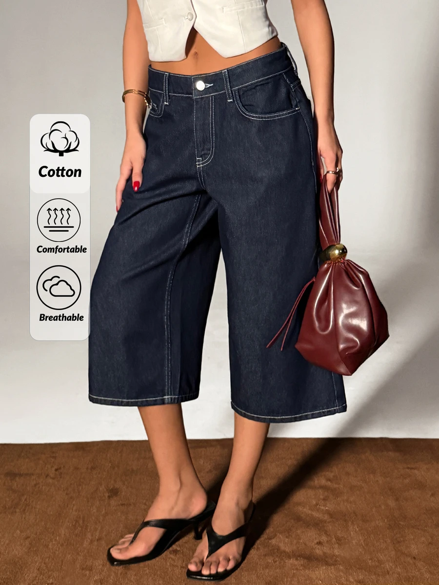 SHEIN Woman's Casual Style Navy Blue Washed Low Waist Bermuda Denim Jean Button Front Everyday Daytime Summer Night