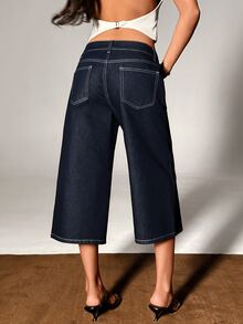 SHEIN Woman's Casual Style Navy Blue Washed Low Waist Bermuda Denim Jean Button Front Everyday Daytime Summer Night - Dark Wash - View 3
