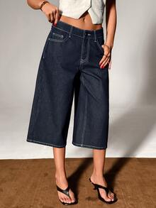 SHEIN Woman's Casual Style Navy Blue Washed Low Waist Bermuda Denim Jean Button Front Everyday Daytime Summer Night - Dark Wash - View 7
