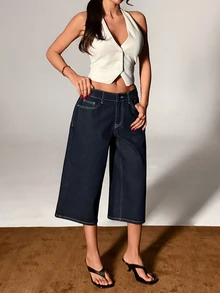 SHEIN Woman's Casual Style Navy Blue Washed Low Waist Bermuda Denim Jean Button Front Everyday Daytime Summer Night - Dark Wash - View 4