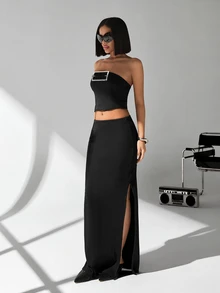 CasuGlow Women Solid Color Slit Detailed Tube Skirt - Black - View 5