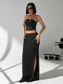 CasuGlow Women Solid Color Slit Detailed Tube Skirt - Black - View 6