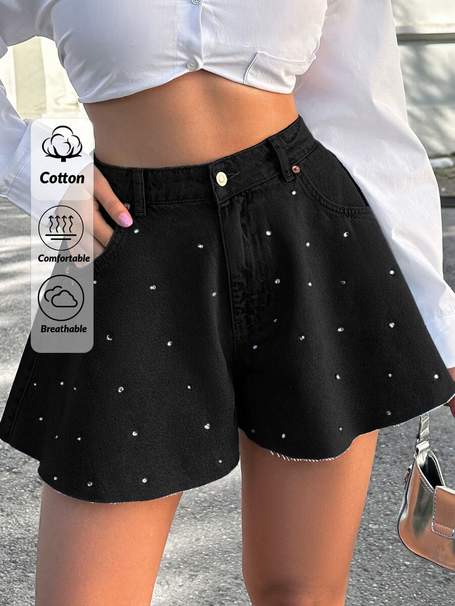 EURMUSE Short de cintura media con detalles de diamante 100% algodón - Negro - Ver 1