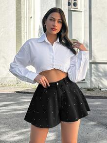EURMUSE Short de cintura media con detalles de diamante 100% algodón - Negro - Ver 4