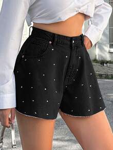 EURMUSE Short de cintura media con detalles de diamante 100% algodón - Negro - Ver 7