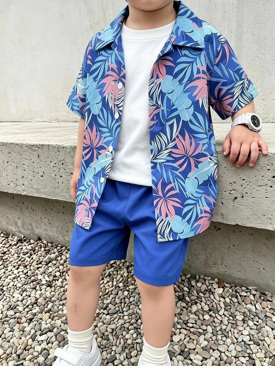 SHEIN 男童热带植物印花短袖衬衫短裤套装,儿童夏季两件套,绿色,适合度假、去海滩和动物园。 - 藍色 - 查看 1