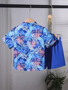 SHEIN 男童热带植物印花短袖衬衫短裤套装，儿童夏季两件套，绿色，适合度假、去海滩和动物园。 - 藍色 - 查看 2