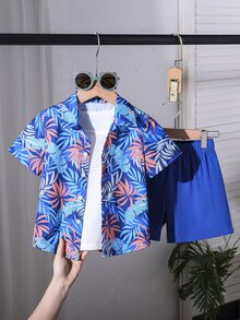 SHEIN 男童热带植物印花短袖衬衫短裤套装，儿童夏季两件套，绿色，适合度假、去海滩和动物园。 - 藍色 - 查看 7