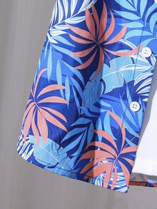 SHEIN 男童热带植物印花短袖衬衫短裤套装，儿童夏季两件套，绿色，适合度假、去海滩和动物园。 - 藍色 - 查看 3