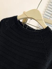 Franclia New Niche Design Striped Round Neck Unique Versatile Slimming Women's Cardigan Back-To-School Everyday School Black Autumn Casual Basic - Black - View 5