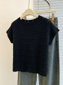 Franclia New Niche Design Striped Round Neck Unique Versatile Slimming Women's Cardigan Back-To-School Everyday School Black Autumn Casual Basic - Black - View 2