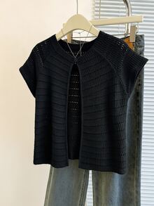 Franclia New Niche Design Striped Round Neck Unique Versatile Slimming Women's Cardigan Back-To-School Everyday School Black Autumn Casual Basic - Black - View 6