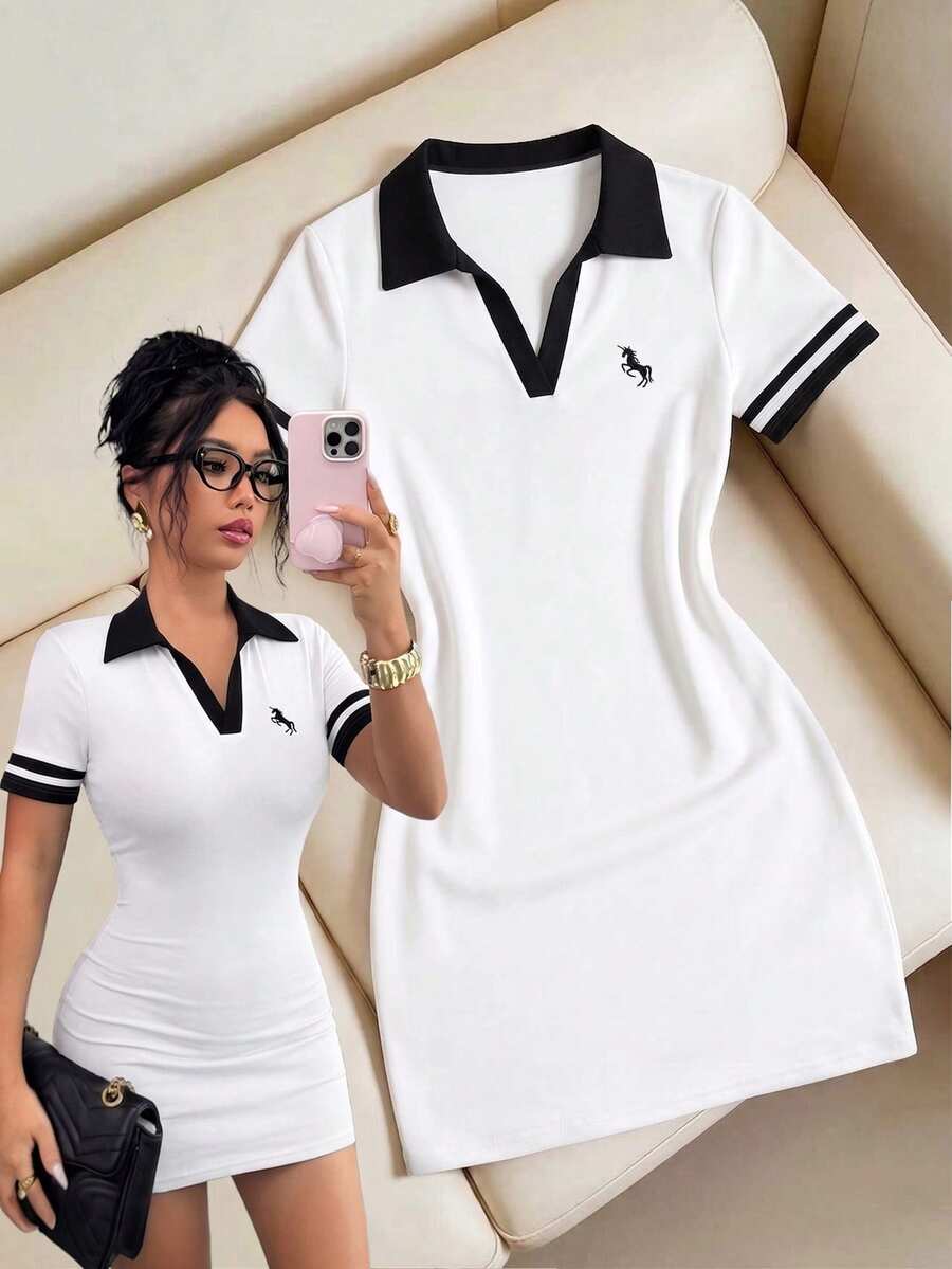 GlowEve 春夏女款時尚優雅洋裝,運動風刺繡馬圖案,黑白雙色拼接,翻領半開V領短袖收腰修身迷你裙,適合約會、情人節、派對、度假、日常通勤 - 白色 - 查看 1